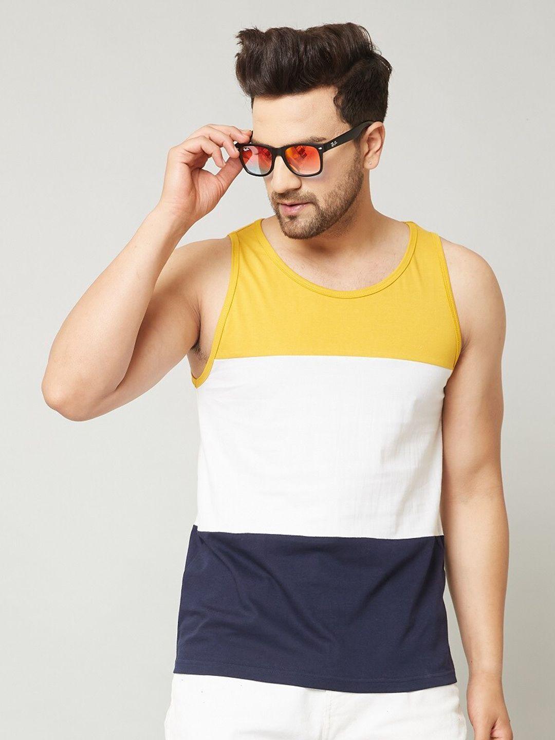 rodzen men yellow & white colourblocked cotton t-shirt