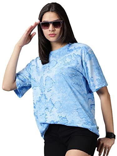 rodzen oversized cotton blend tie-dye loose fit t-shirt for women/girls (blue, l)