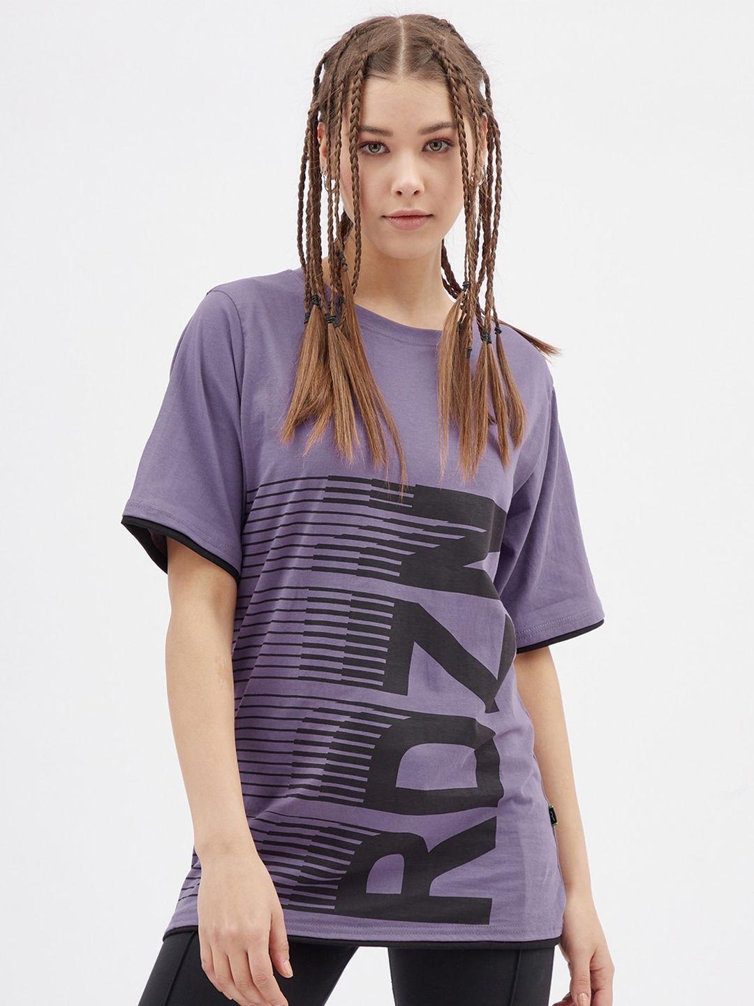 rodzen women purple & black brand logo printed loose bio wash cotton t-shirt
