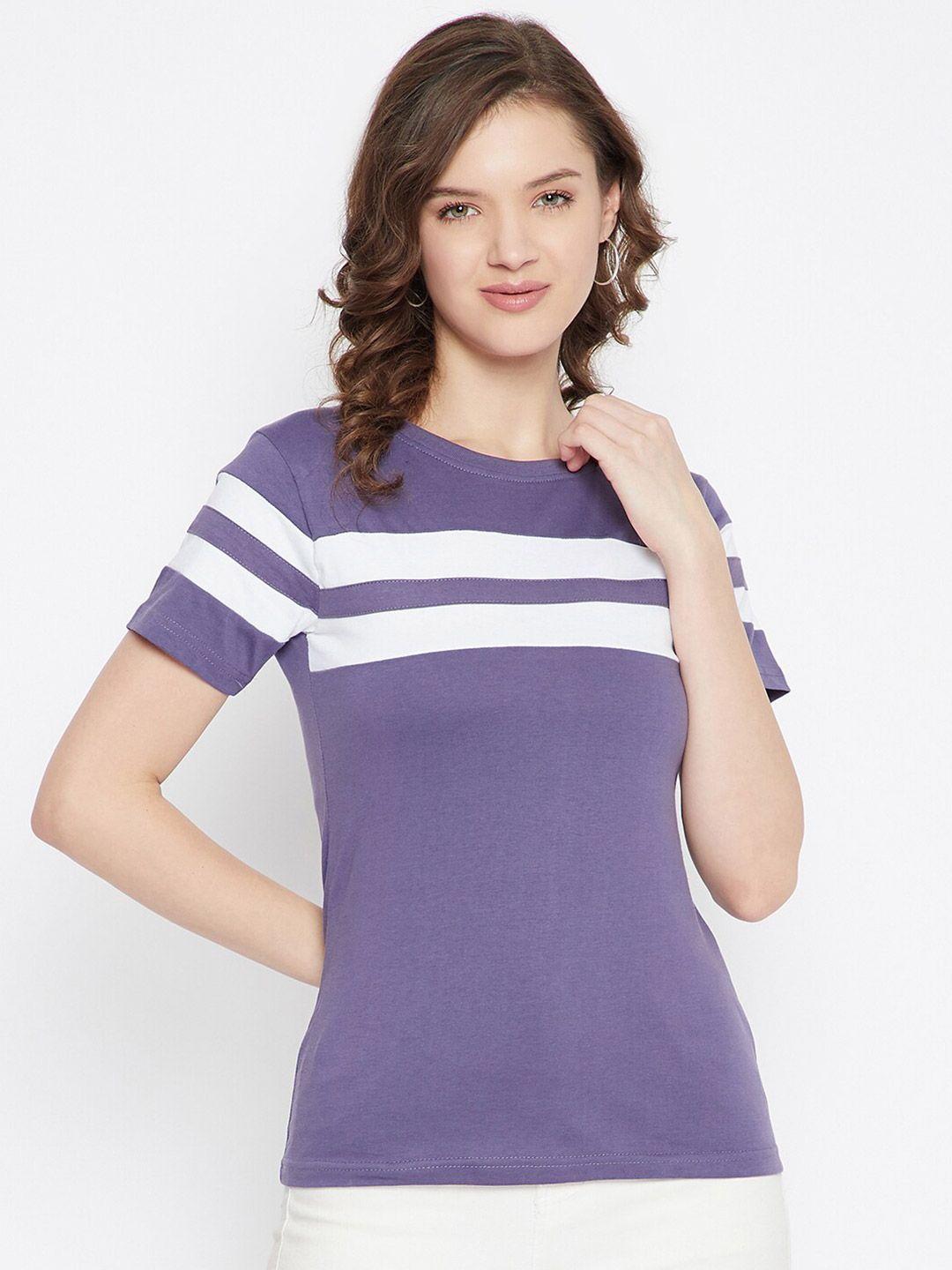 rodzen women purple  white colourblocked pure cotton t-shirt
