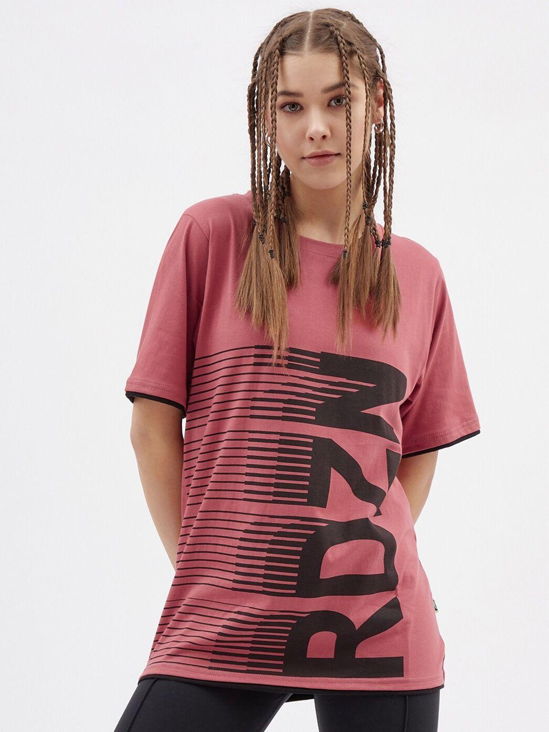 rodzen women typography striped drop-shoulder sleeves pure cotton loose t-shirt