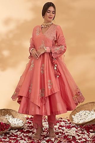 rogue pink chanderi embroidered angrakha anarkali set