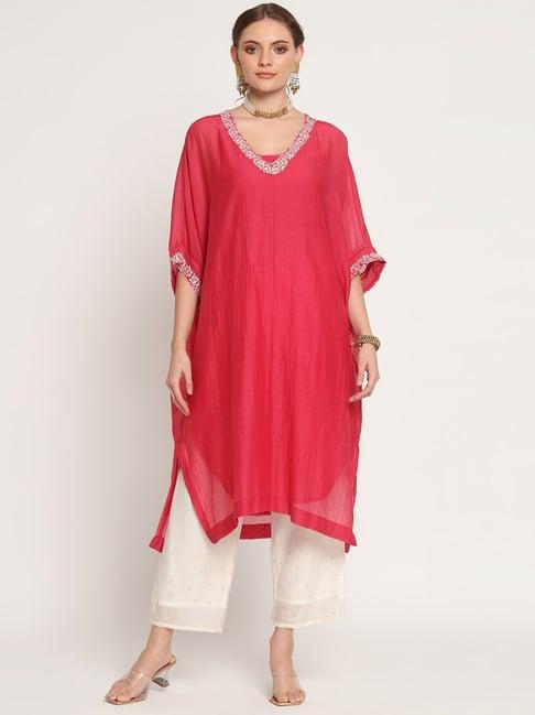 rohini dezines fuchsia hand embroidered kaftan, slip and hand embroidred pants