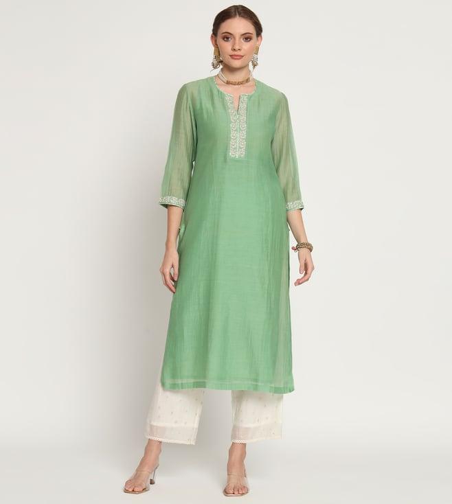 rohini dezines green hand embroidered kurta, slip, hand embroidered pants and green chiffon dupatta
