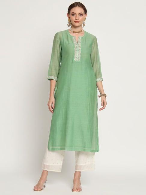 rohini dezines green hand embroidered kurta, slip, hand embroidered pants and green chiffon dupatta