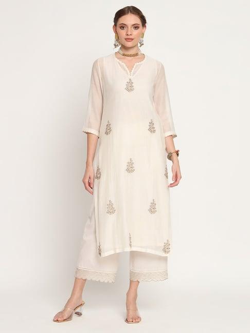 rohini dezines ivory hand embroidered kurta, slip, hand embroidered pants and hand dupatta