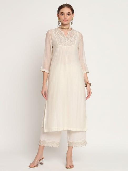 rohini dezines ivory hand embroidered kurta, slip and magalgirir hand embroidered pants