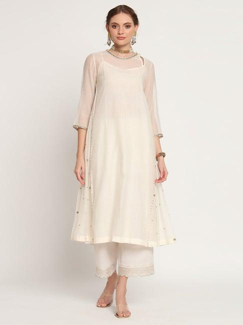 rohini dezines ivory hand embroidered kurta, slip and magalgirir hand embroidered pants