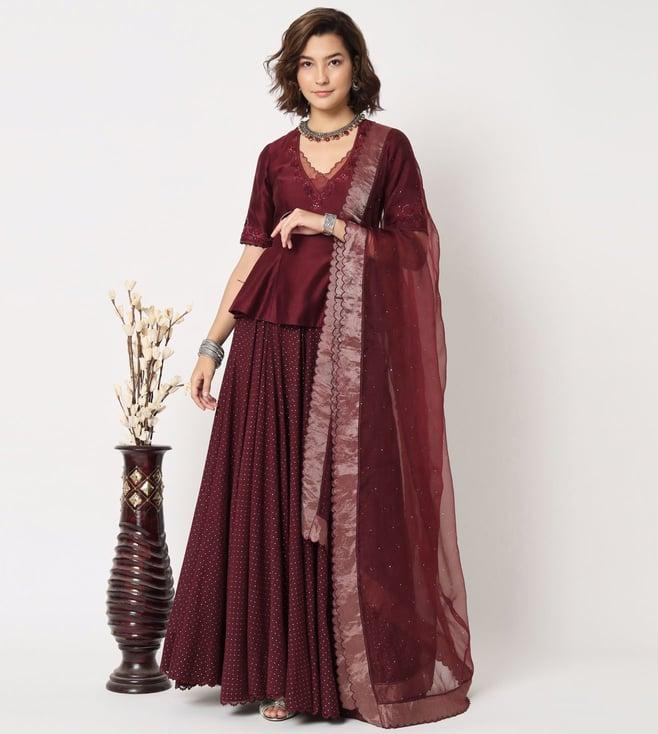 rohini dezines maroon peplum top and full skirt with dupatta