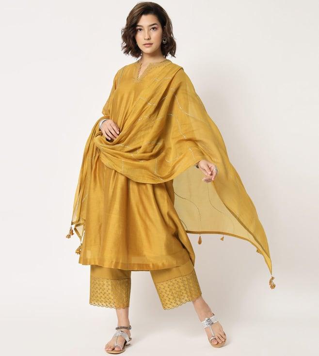 rohini dezines mustard side gathered kurta with straight pants and dupatta