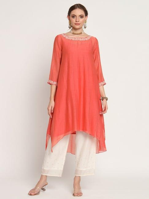 rohini dezines rust hand embroidered kurta, slip, hand embroidered pants and hand dupatta