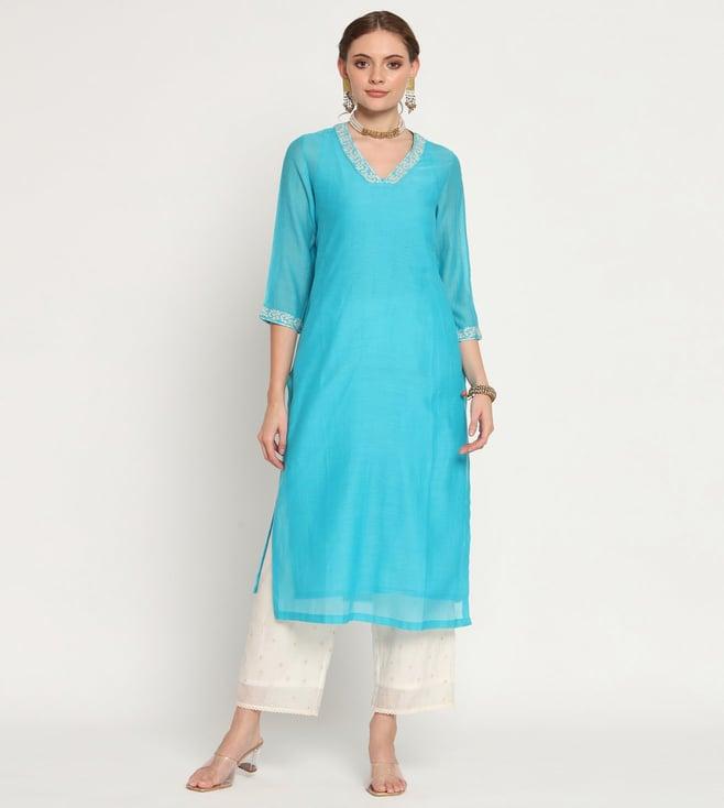 rohini dezines turquoise hand embroidered kurta, slip, hand embroidered pants and hand dupatta
