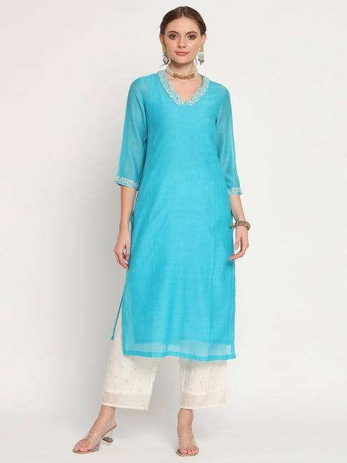 rohini dezines turquoise hand embroidered kurta, slip, hand embroidered pants and hand dupatta