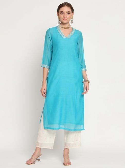 rohini dezines turquoise hand embroidered kurta, slip and hand embroidered pants