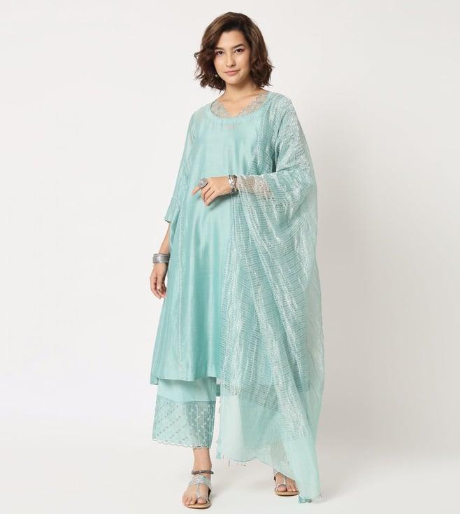 rohini dezines turquoise side kalis ghera kurta with straight pants and dupatta