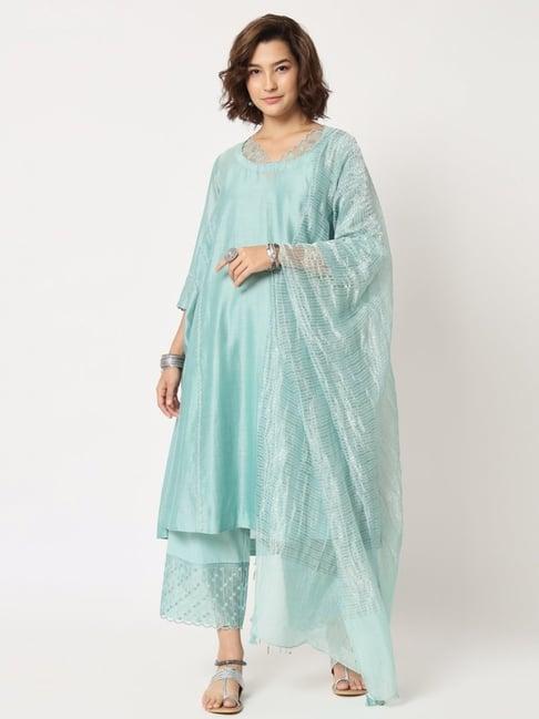 rohini dezines turquoise side kalis ghera kurta with straight pants and dupatta