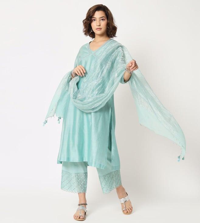 rohini dezines turquoise v neck kurta with straight pants and dupatta