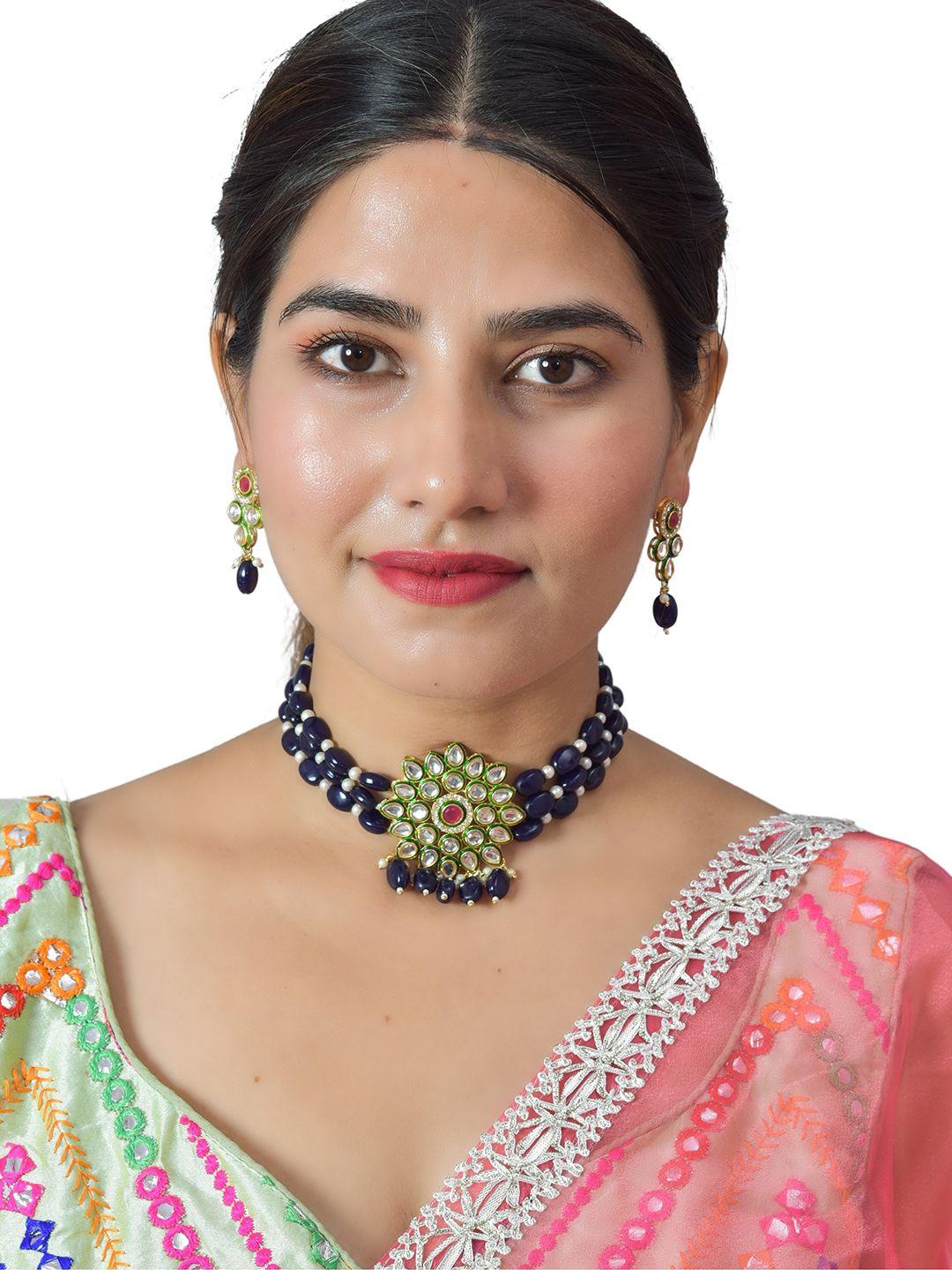 rohinika gold-plated navy blue kundan studded long jewellery set