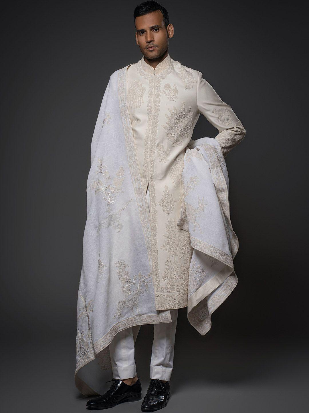 rohit bal embroidered matka silk sherwani with trousers & dupatta