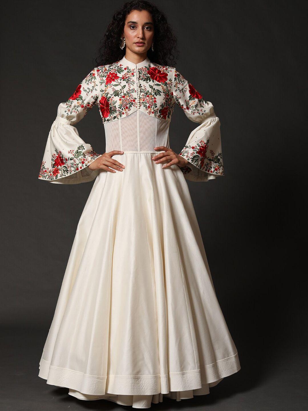 rohit bal floral printed mandarin collar bell sleeves silk fit & flared maxi ethnic dress
