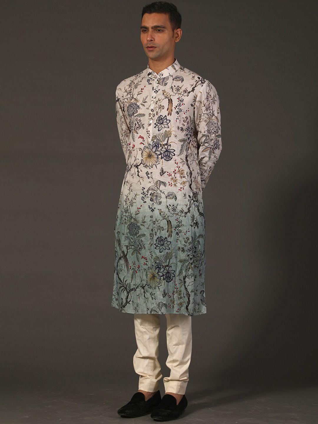 rohit bal printed mandarin collar linen sherwani set