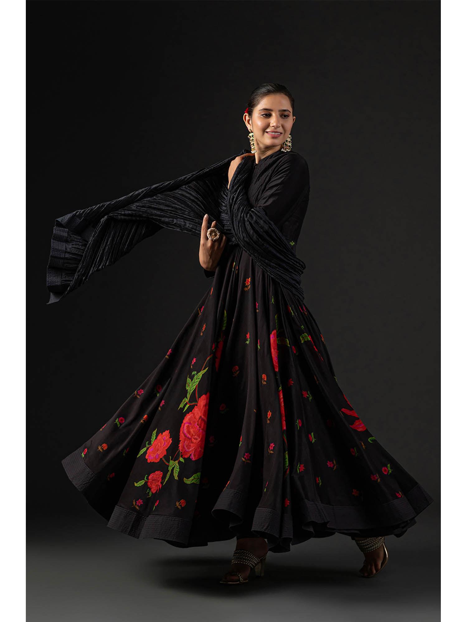 rohit bal black cotton silk anarkali printed suit (set of 3)