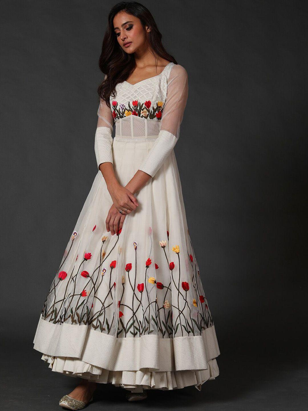 rohit bal floral embroidered sweetheart neck organza anarkali kurta with skirt