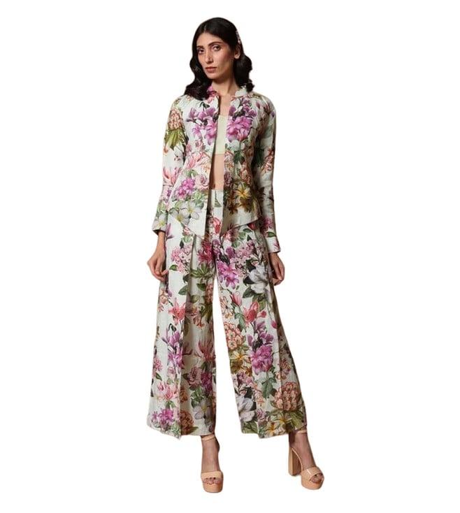 rohit bal floral print linen jacket and trouser paired up with matching top