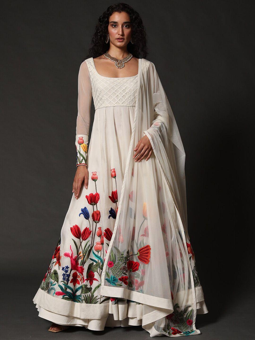 rohit bal floral printed silk fit & flared maxi ethnic dress with dupatta