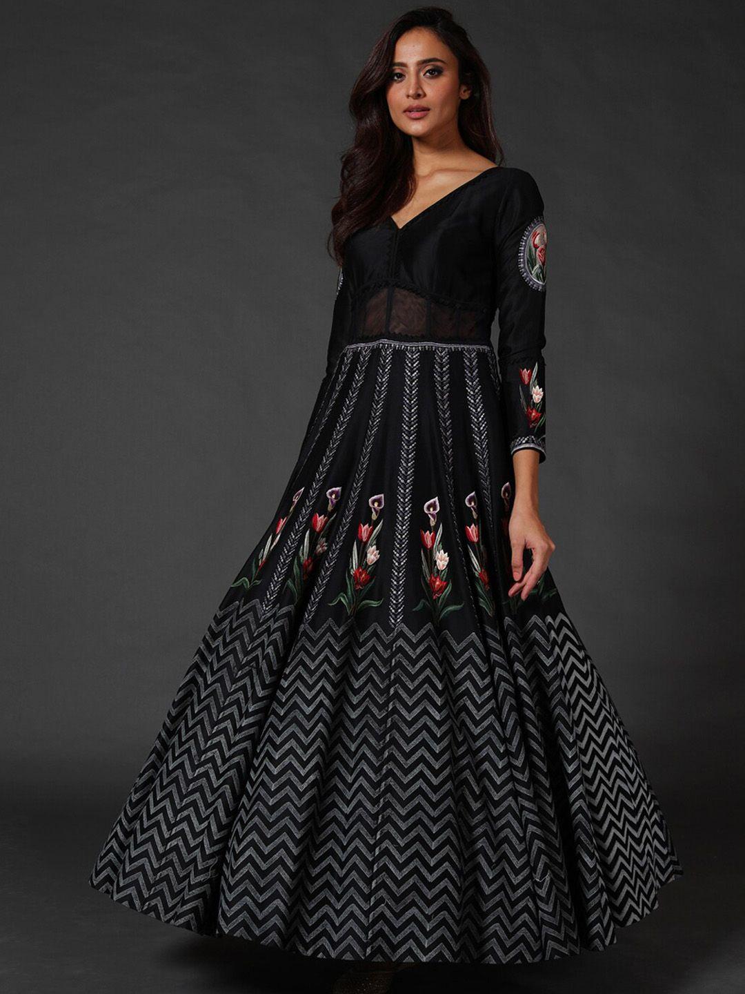 rohit bal floral printed silk fit & flared maxi ethnic dress