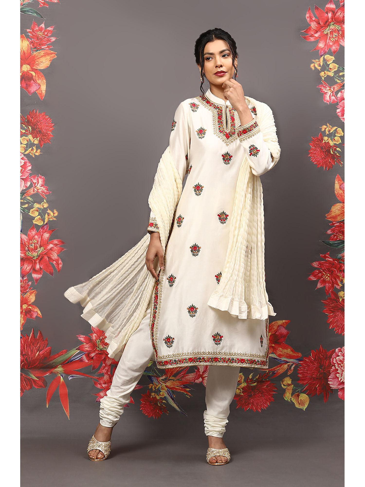 rohit bal off white silk chanderi straight kurta suit (set of 3)