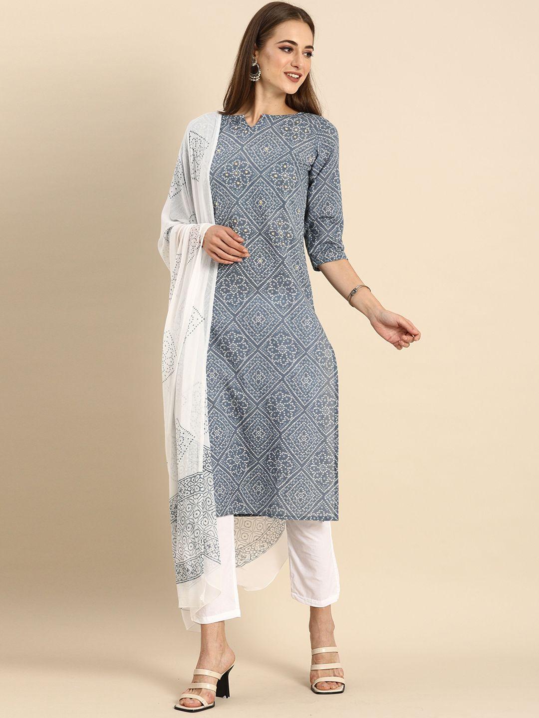roly poly bandhani printed beads & stones pure cotton kurta with trousers & dupatta