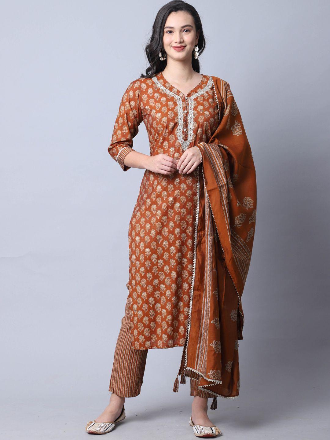 roly poly ethnic motifs printed regular pure cotton kurta with trousers & dupatta