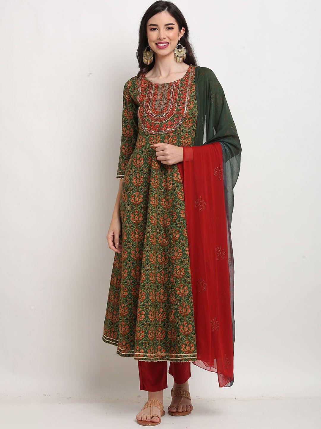 roly poly ethnic motifs printed sequinned pure cotton kurta with trousers & dupatta