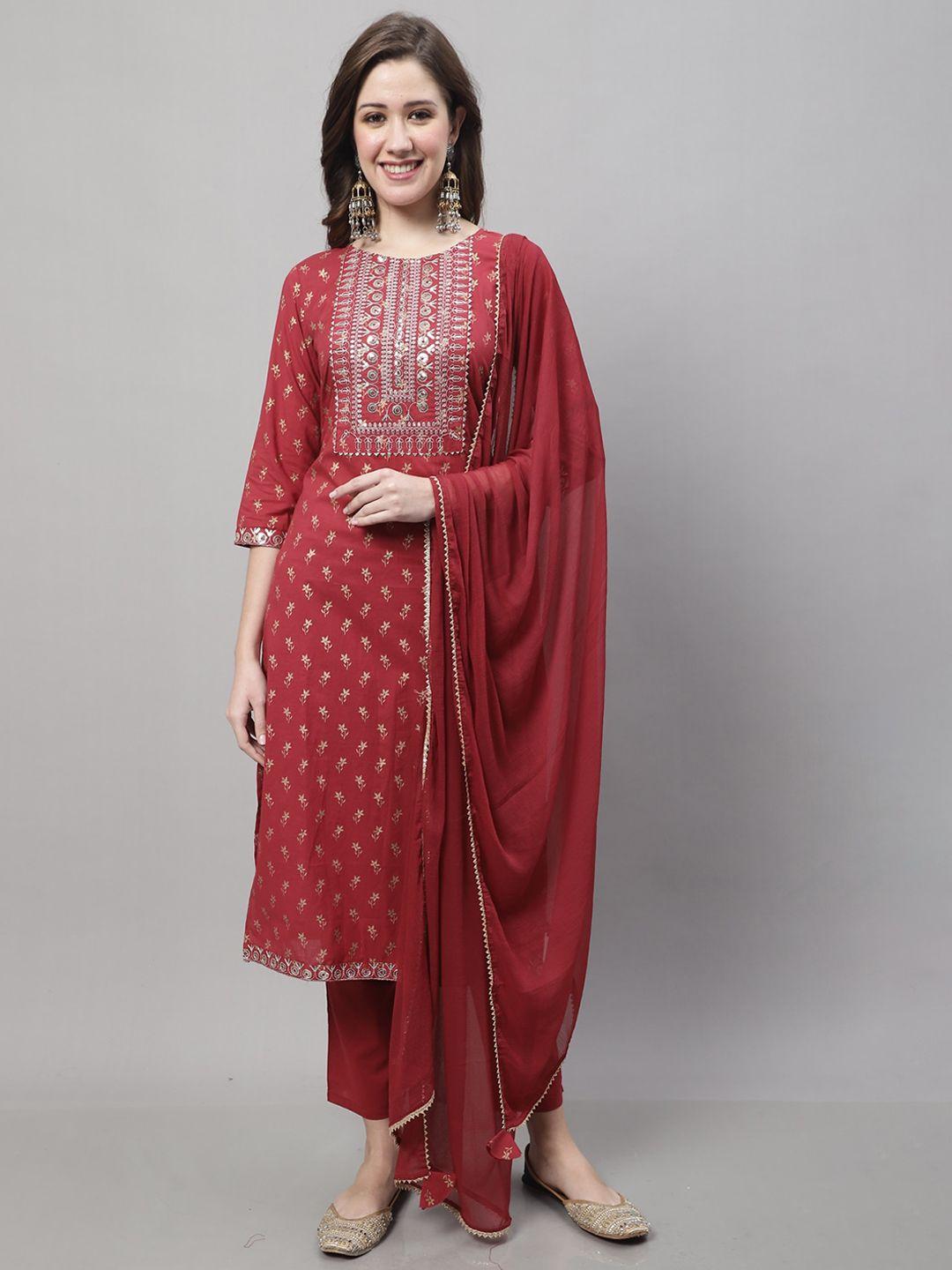 roly poly ethnic motifs printed sequinned pure cotton kurti with trousers & with dupatta