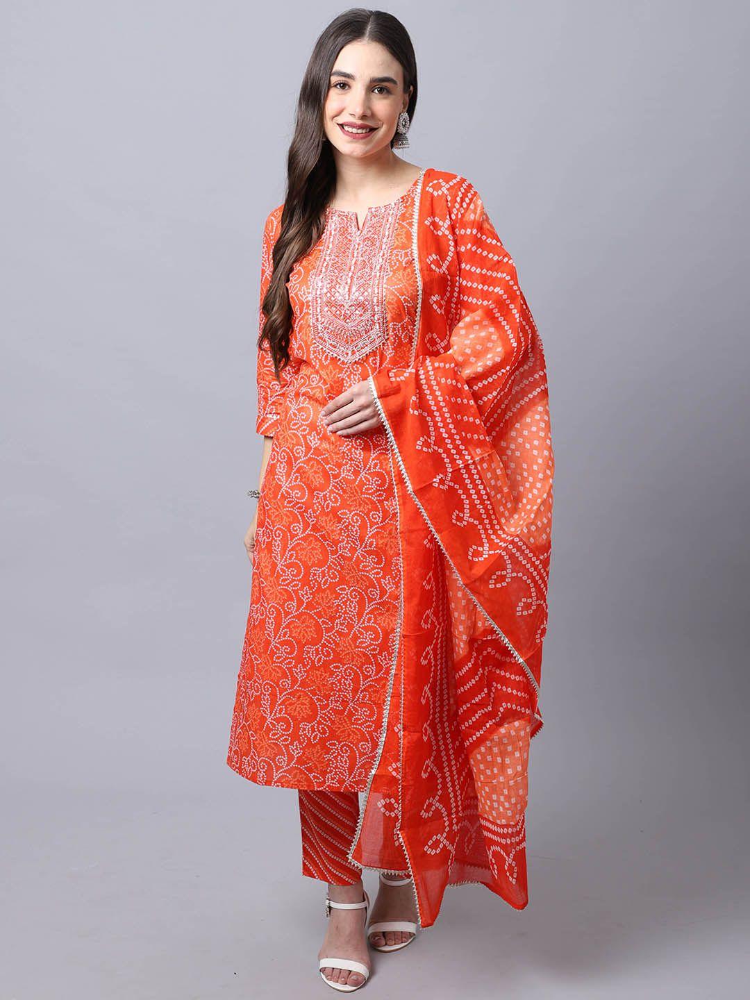 roly poly ethnic motifs printed thread work pure cotton kurta & trousers with dupatta