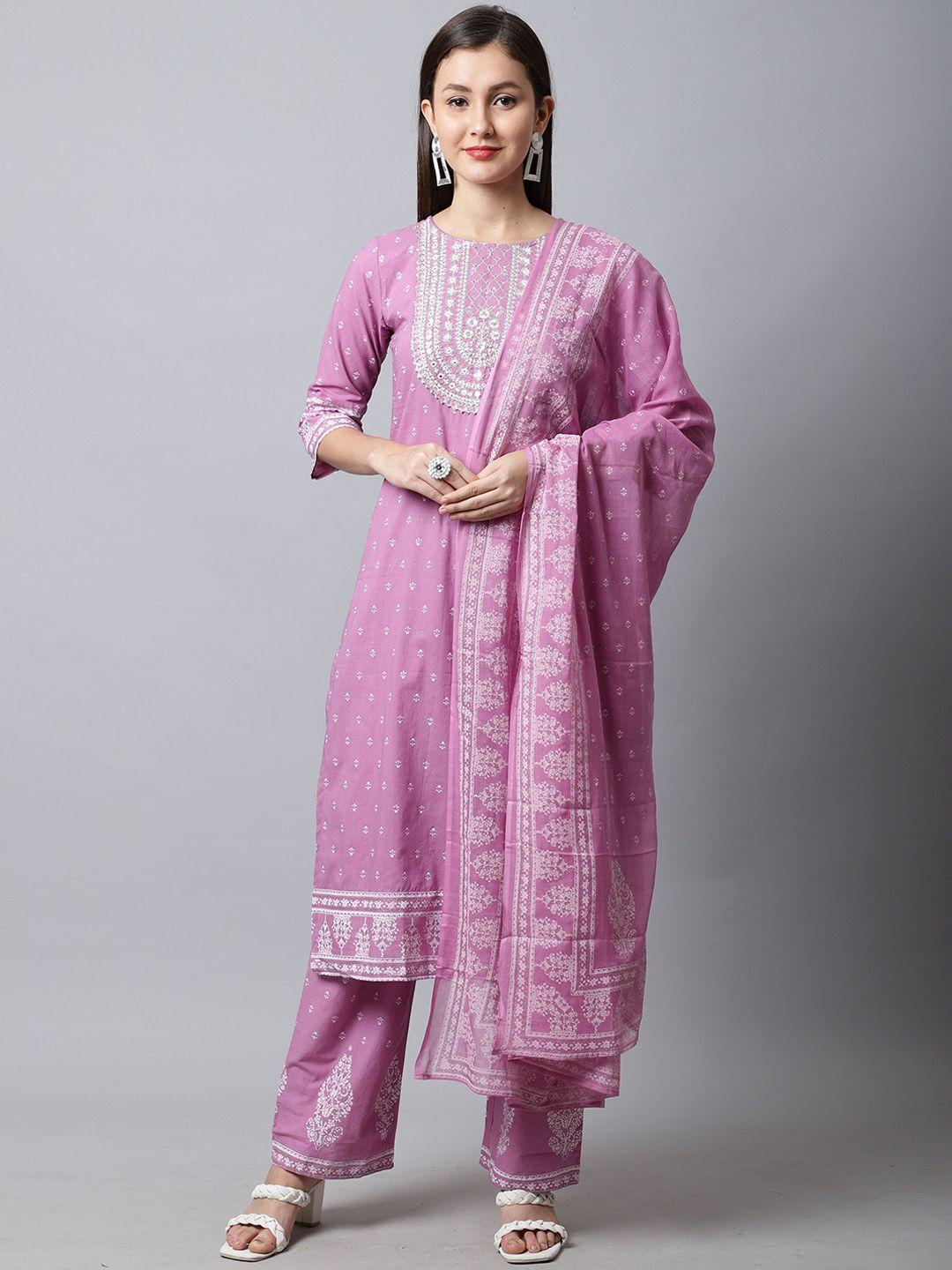 roly poly ethnic motifs printed thread work pure cotton kurta with trousers & dupatta