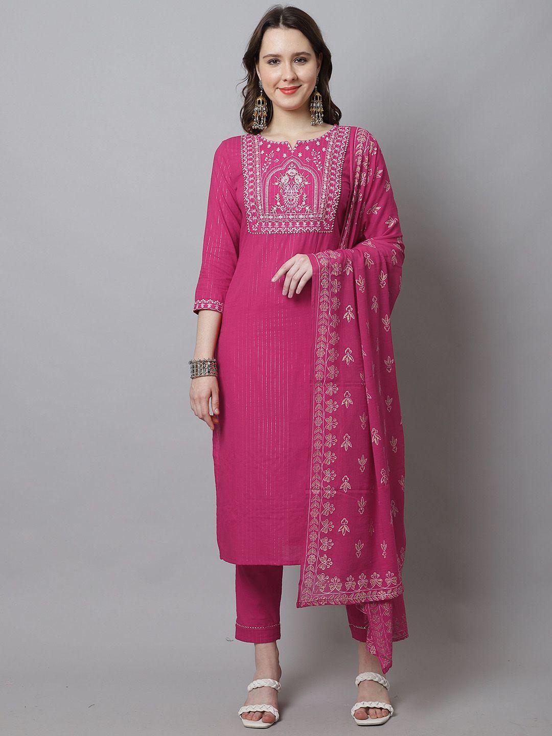 roly poly ethnic motifs yoke design thread work pure cotton kurta with trousers & dupatta