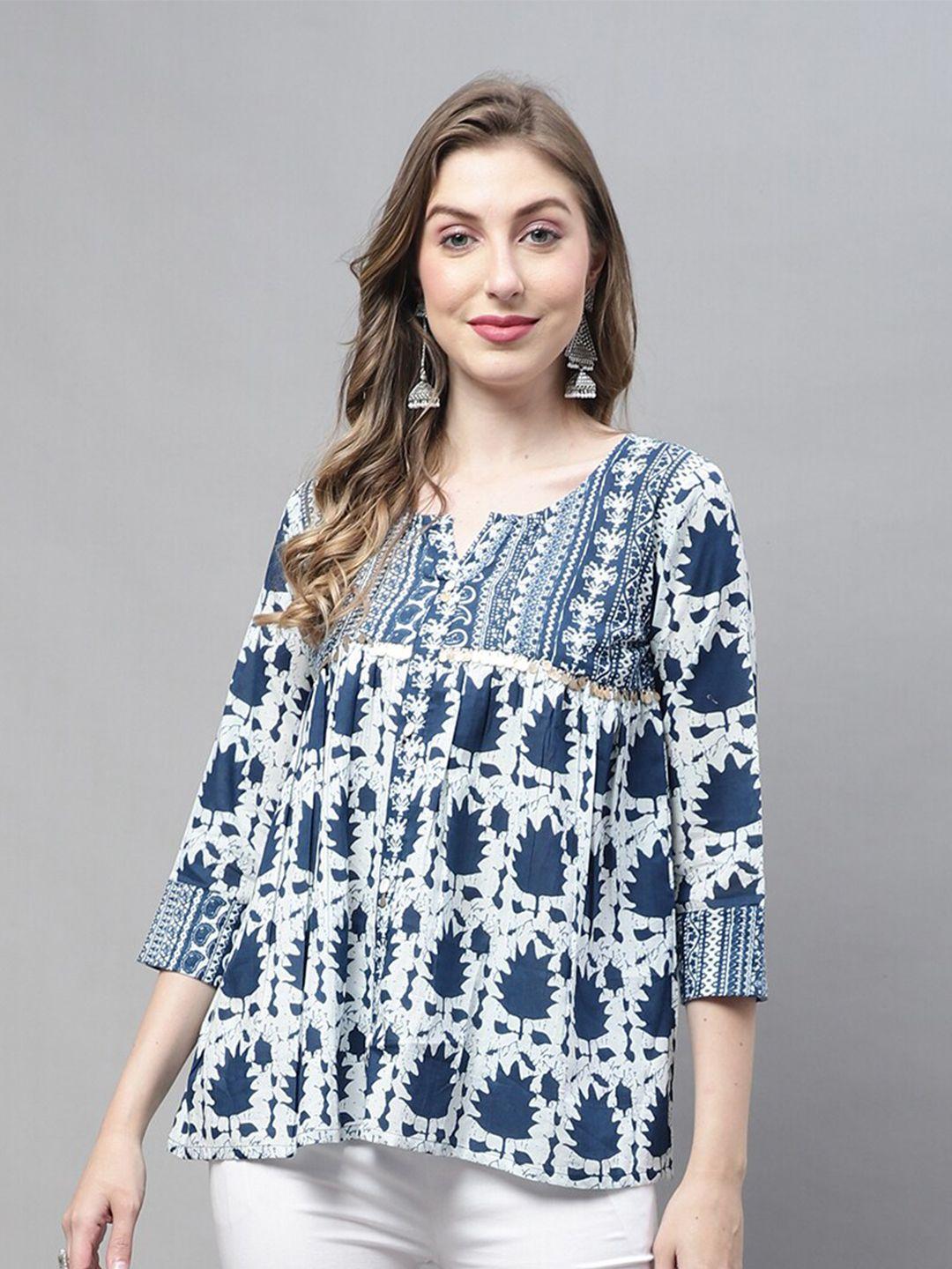 roly poly floral printed indigo a-line pure cotton top