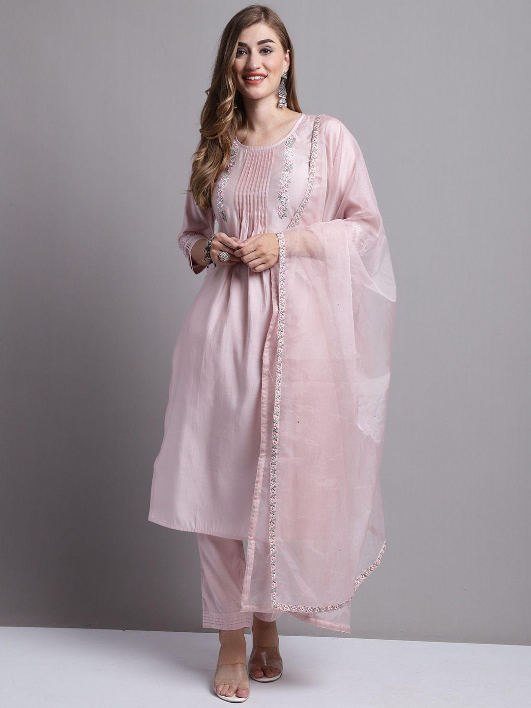 roly poly floral yoke design pleated thread work kurta with trousers & dupatta