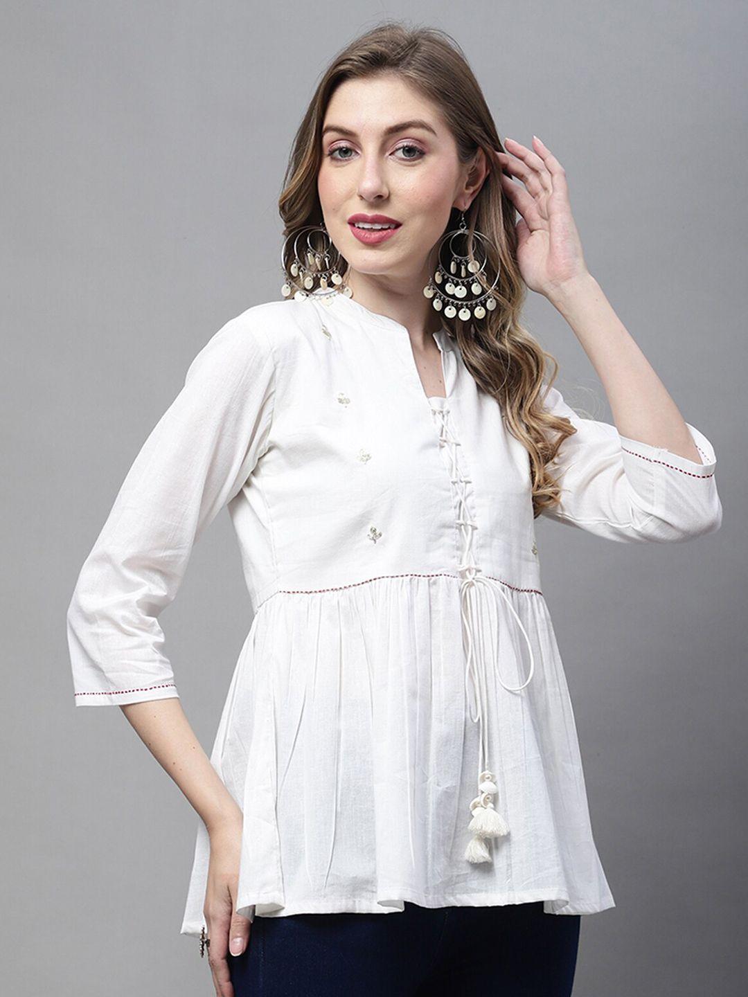 roly poly mandrain collar embroidered tie-ups pure cotton top