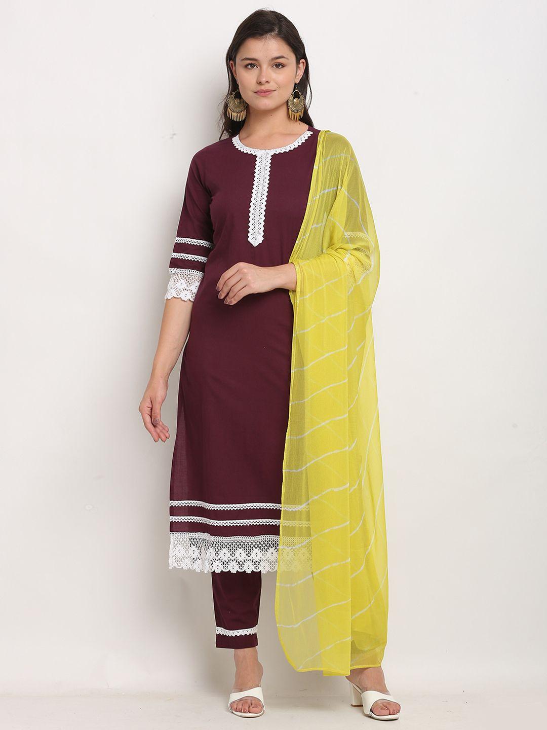 roly poly round neck regular pure cotton kurta with trousers & dupatta