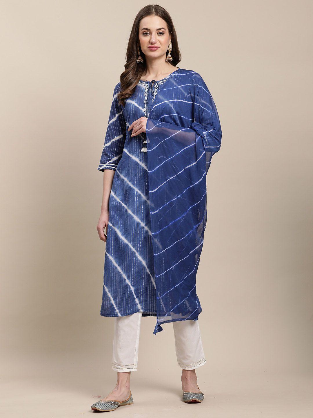 roly poly striped thread work pure cotton kurta & trousers with dupatta
