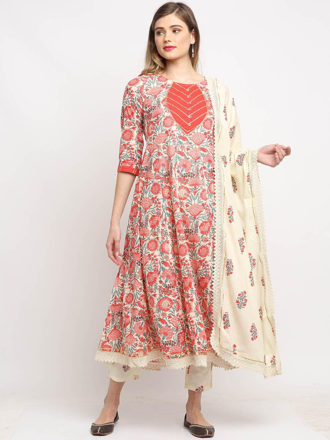 roly poly women beige floral printed layered pure cotton kurta with trousers & with dupatta