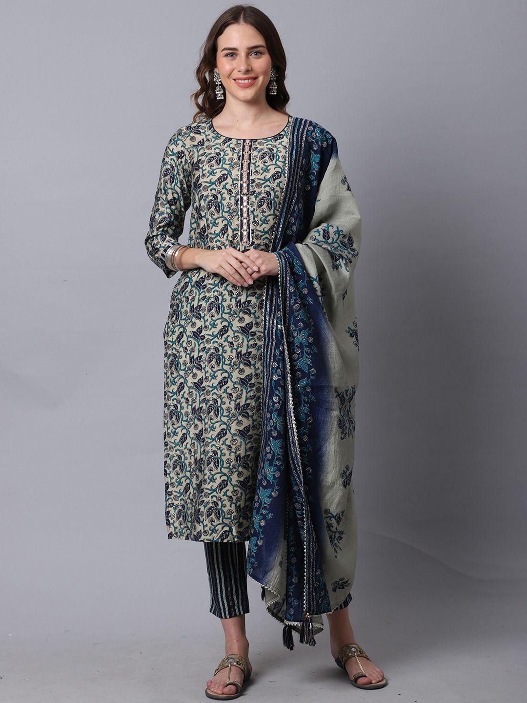 roly poly women blue ethnic motifs embroidered regular thread work pure cotton kurti with trousers & with