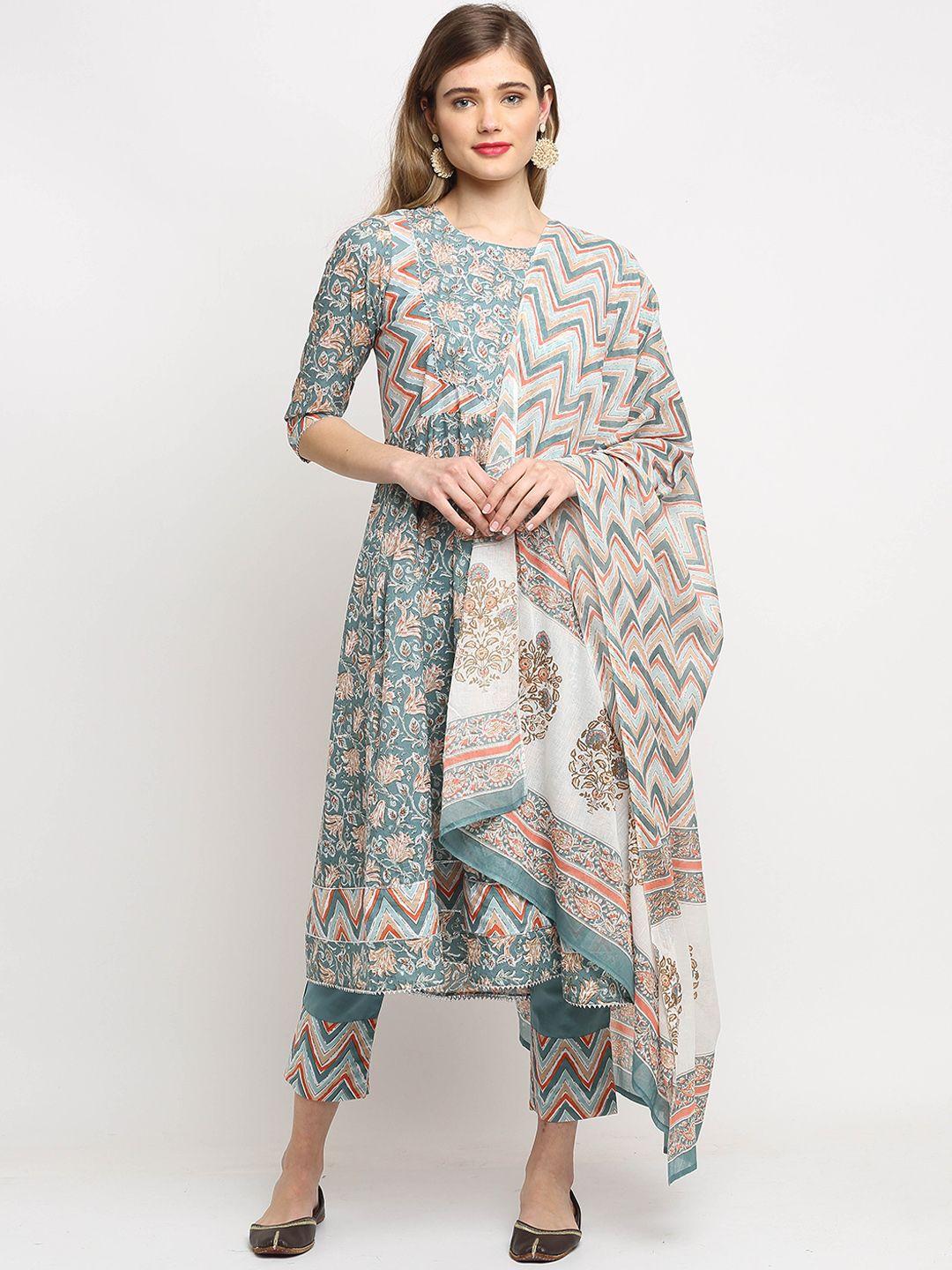 roly poly women blue ethnic motifs printed pure cotton kurta with trousers & with dupatta