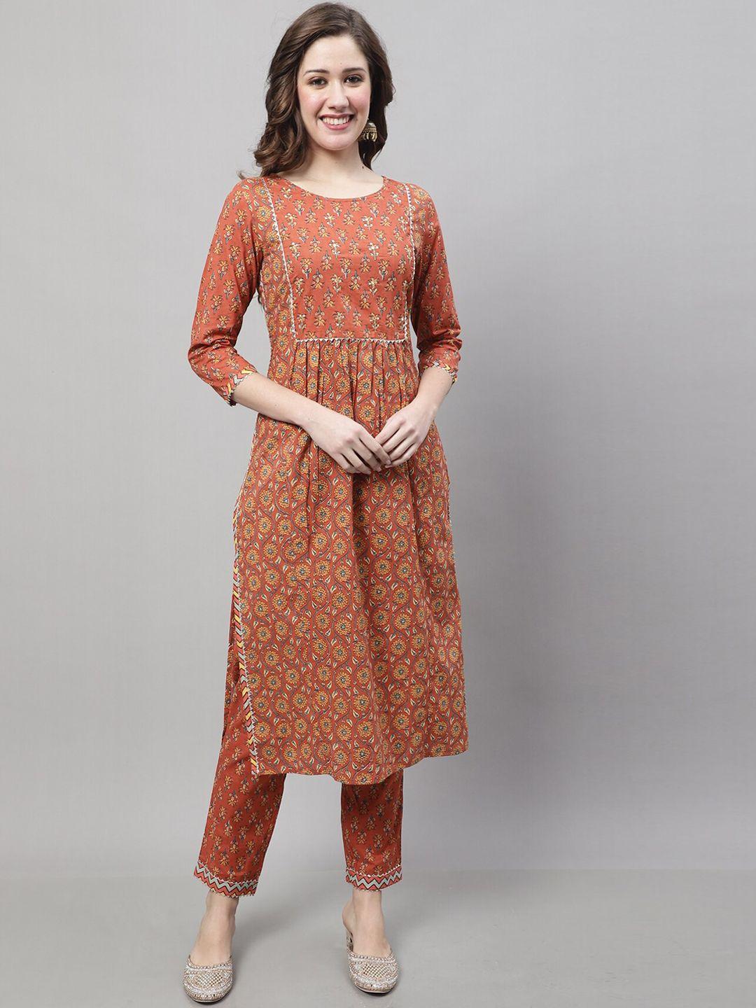 roly poly women brown floral printed pleated gotta patti pure cotton kurti with trousers & with dupatta