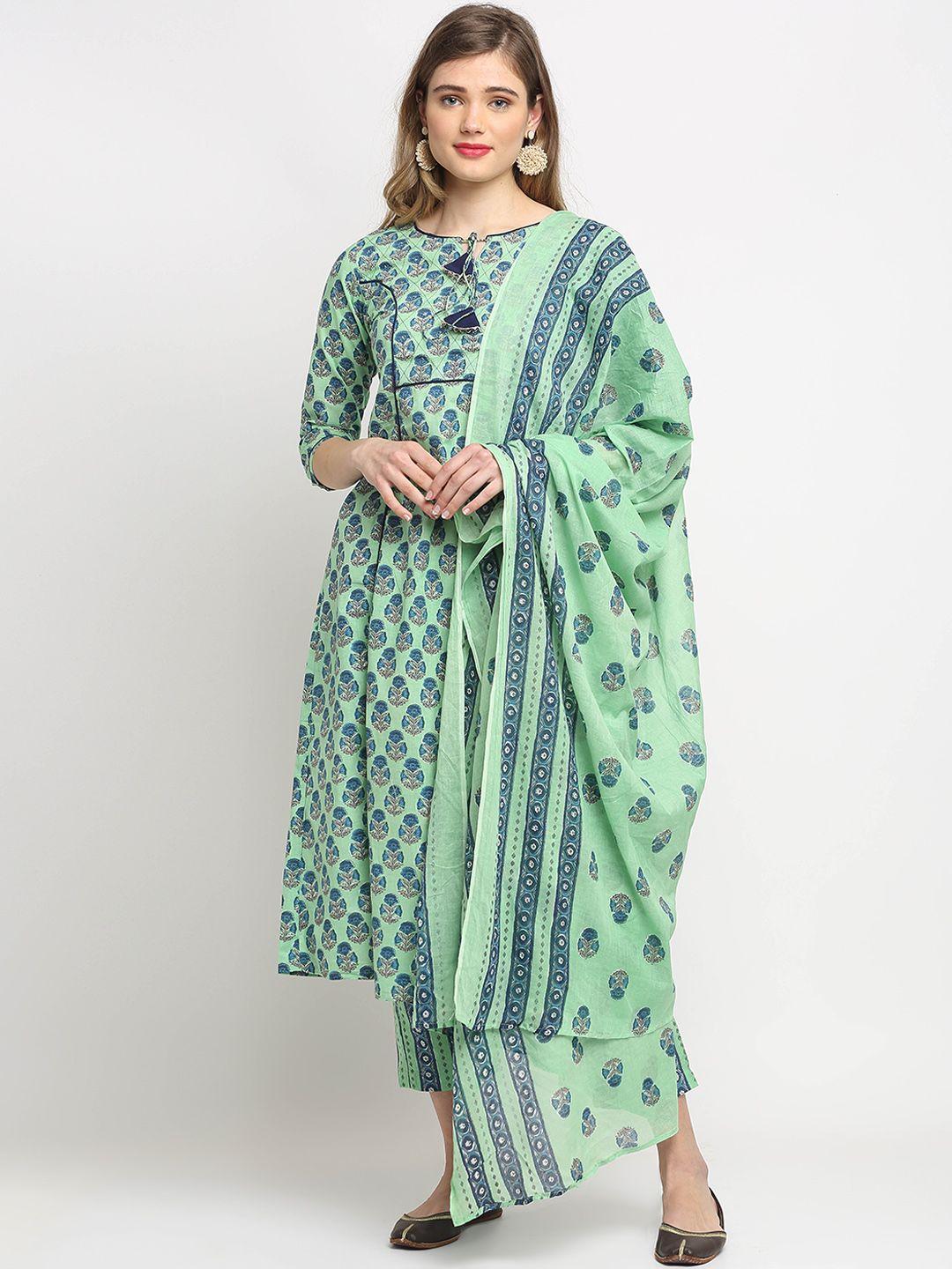 roly poly women green & blue motifs printed pure cotton kurta with trousers & dupatta