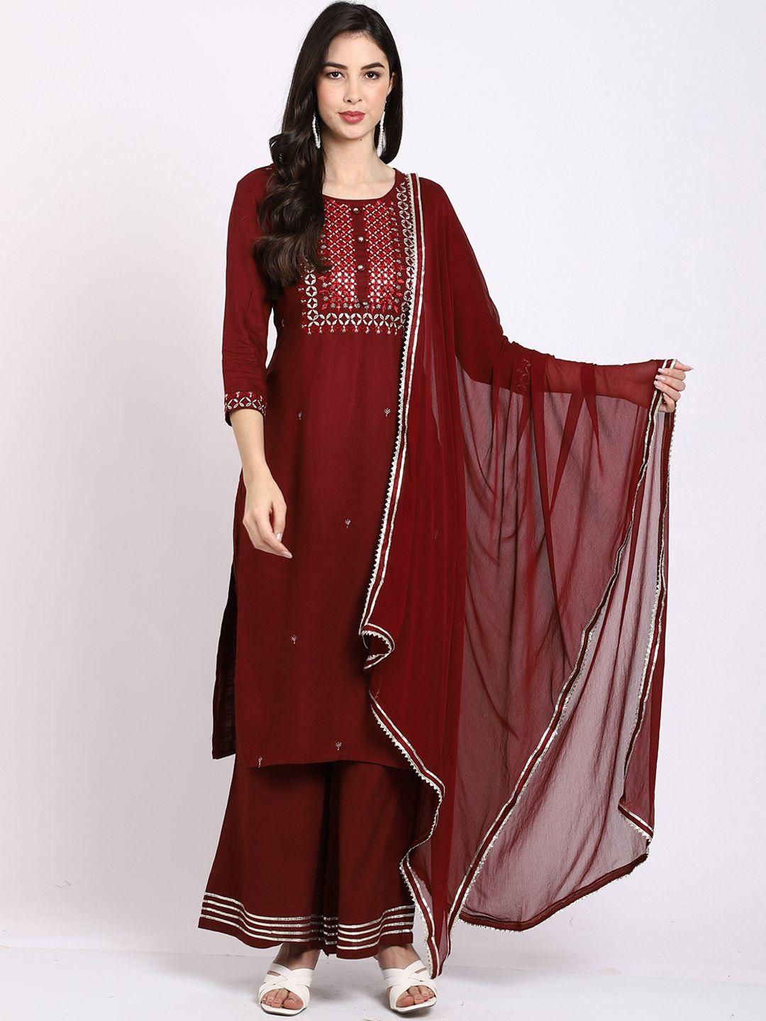roly poly women maroon ethnic motifs embroidered regular thread work pure cotton kurti with trousers & with