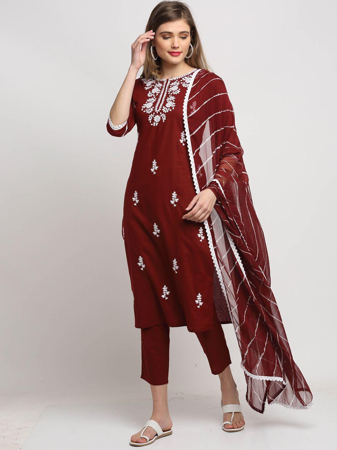 roly poly women maroon ethnic motifs printed pure cotton kurta with palazzos & dupatta